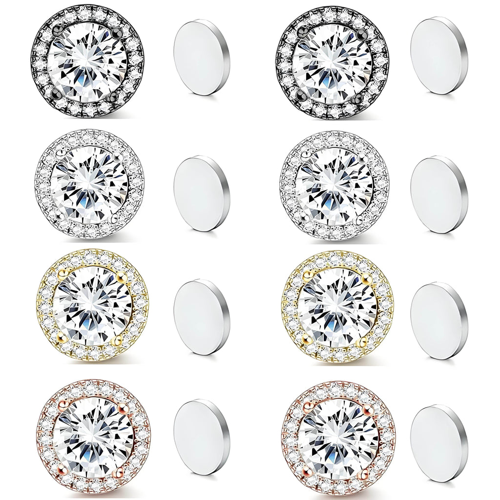 Stainless Steel Magnetic CZ Round Halo Stud Earrings for Men Women, Round Cubic Zirconia Inlaid Magnetic Earrings Non-Piercing Clip On Stud Earring