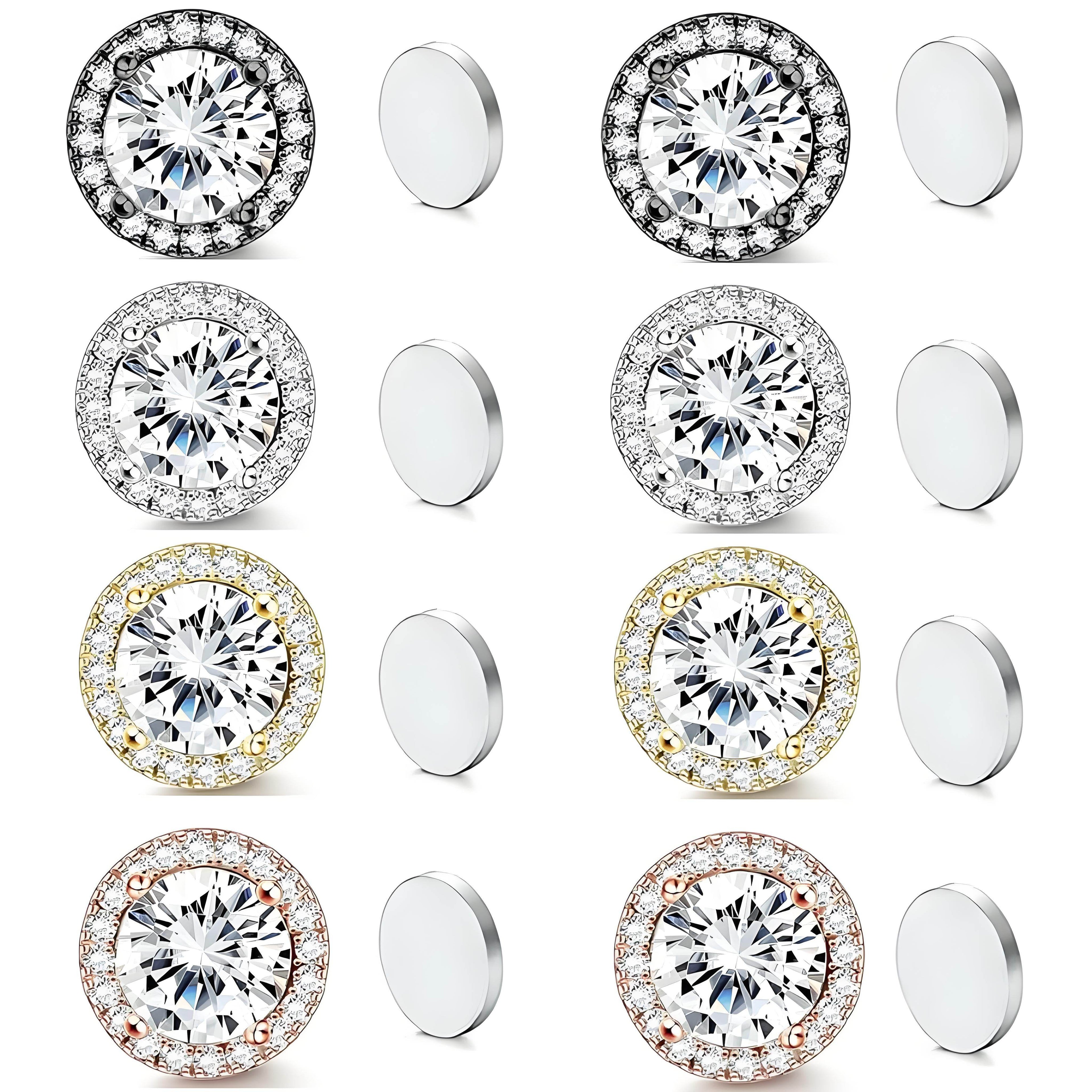 Stainless Steel Magnetic CZ Round Halo Stud Earrings for Men Women, Round Cubic Zirconia Inlaid Magnetic Earrings Non-Piercing Clip On Stud Earring