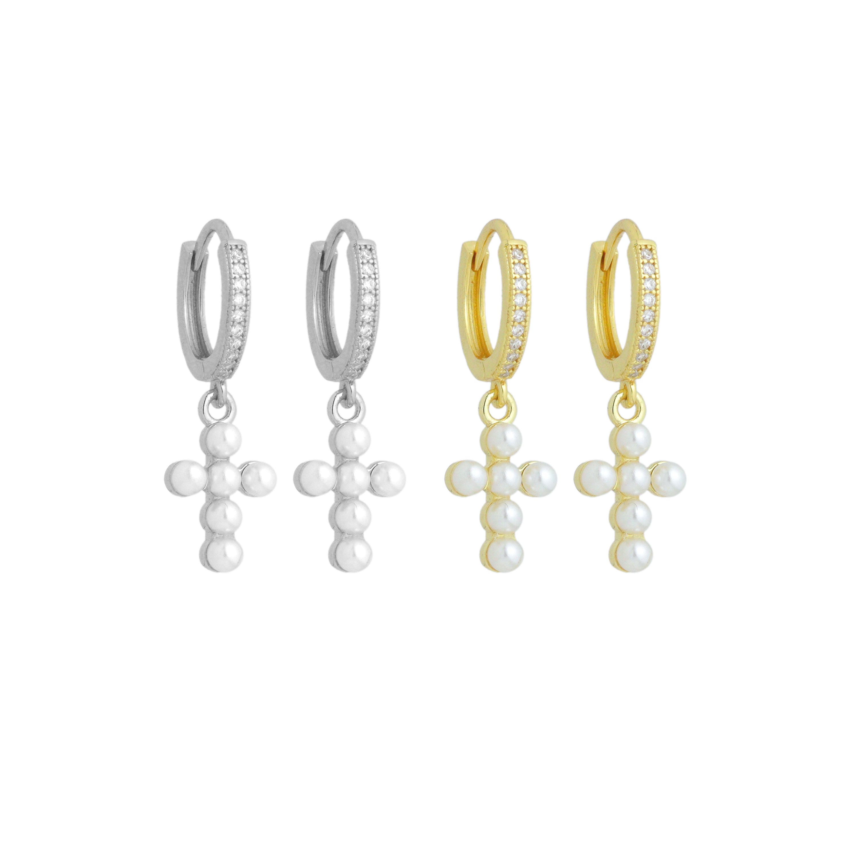 Dainty Pearl Cross Pendant with CZ Hoop Dangle Earrings, Sku#EF833