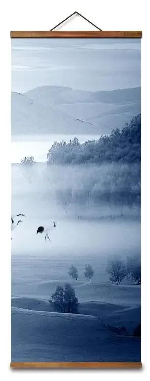 Chinese Style Snow Mountain Deer Bird Decorative Wall Art Canvas Poster in Blue and White