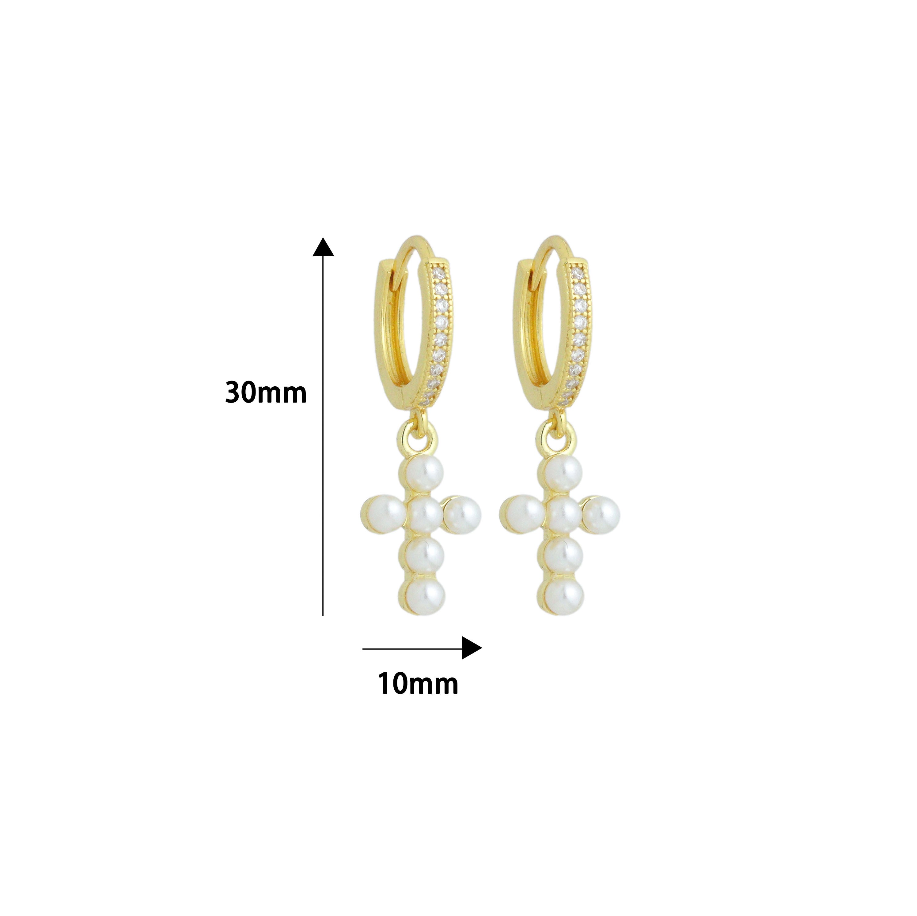 Dainty Pearl Cross Pendant with CZ Hoop Dangle Earrings, Sku#EF833