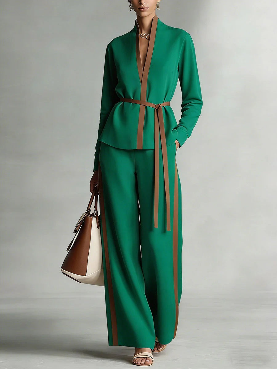 Women’s Patchwork Cardigan & Wide Leg Pants Two Piece Set