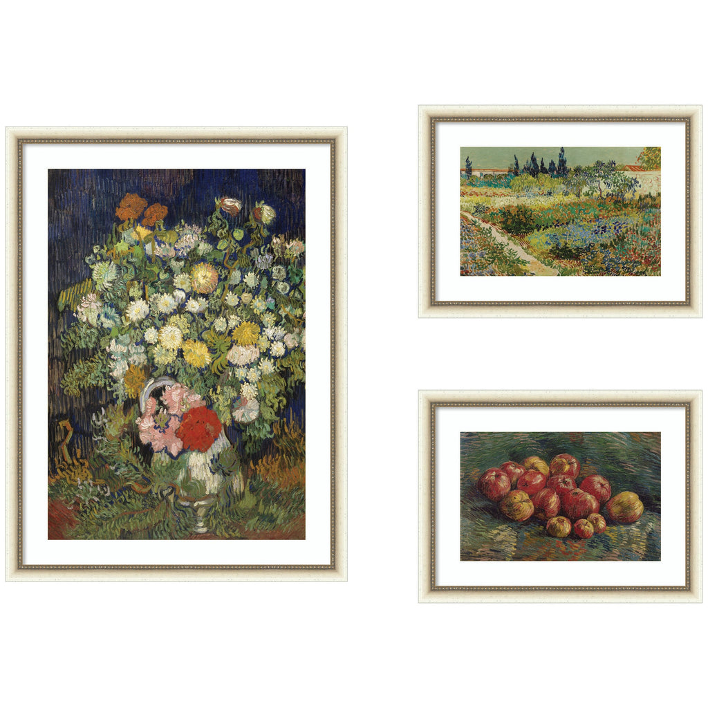 Apples 1887, Bouquet of Flowers in a Vase 1890, & Garden at Arles by Vincent Van Gogh 3 Piece Framed Wall Art Print Set by Nostalgia Prints