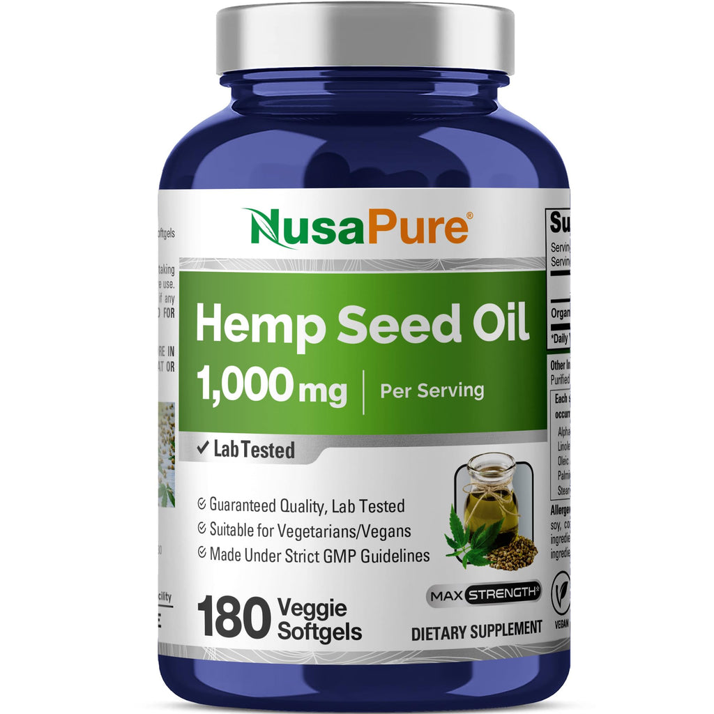 NusaPure Hemp Oil Capsules, 1,000mg Per Serving, 180 Veggie Softgels, Non-GMO, Vegan