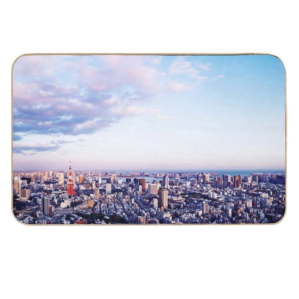 Tokyo Tower in Beautiful Aerial Scenery Tokyo City Under Vast Blue Sky Art Photo Print  Stain-Proof Bath Mat