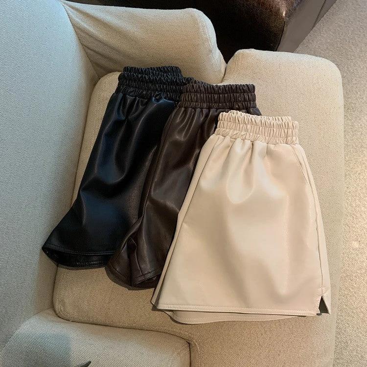 Pu Leather Shorts Women High Waist Loose Split Casual Pants