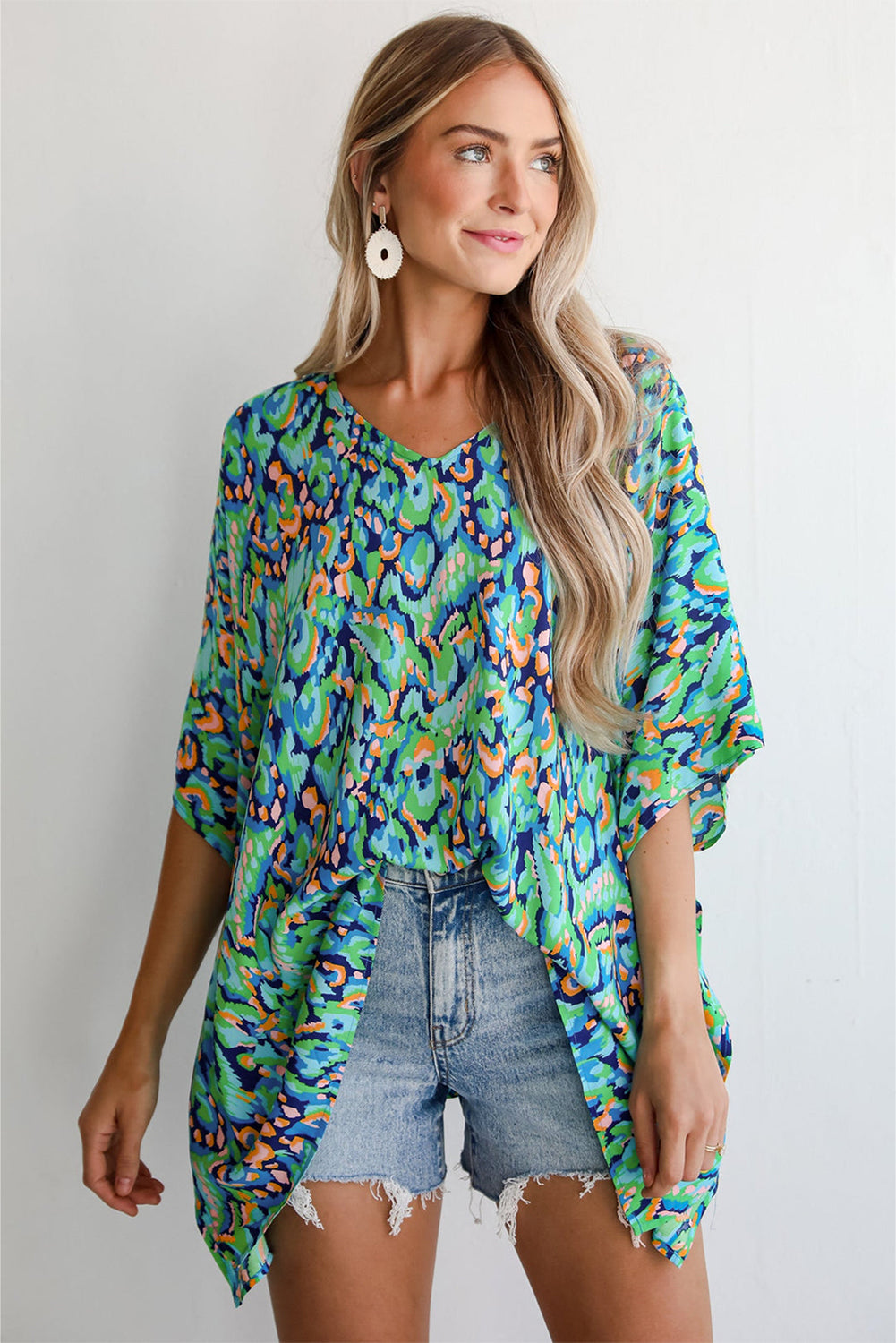 Pink Abstract Print V Neck Half Sleeve Loose Fit Tunic Blouse