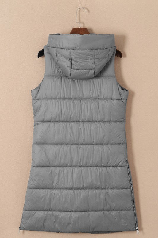 Solid Quilted Long Hooded Vest Coat