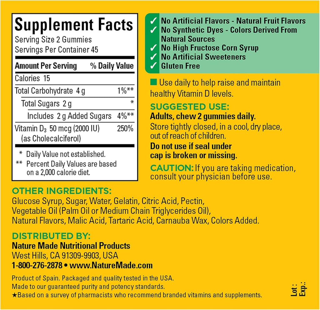Vitamin D3 2000 IU (50 Mcg) per Serving, Dietary Supplement for Bone, Teeth, Muscle and Immune Health Support, 90 Gummies, 45 Day Supply