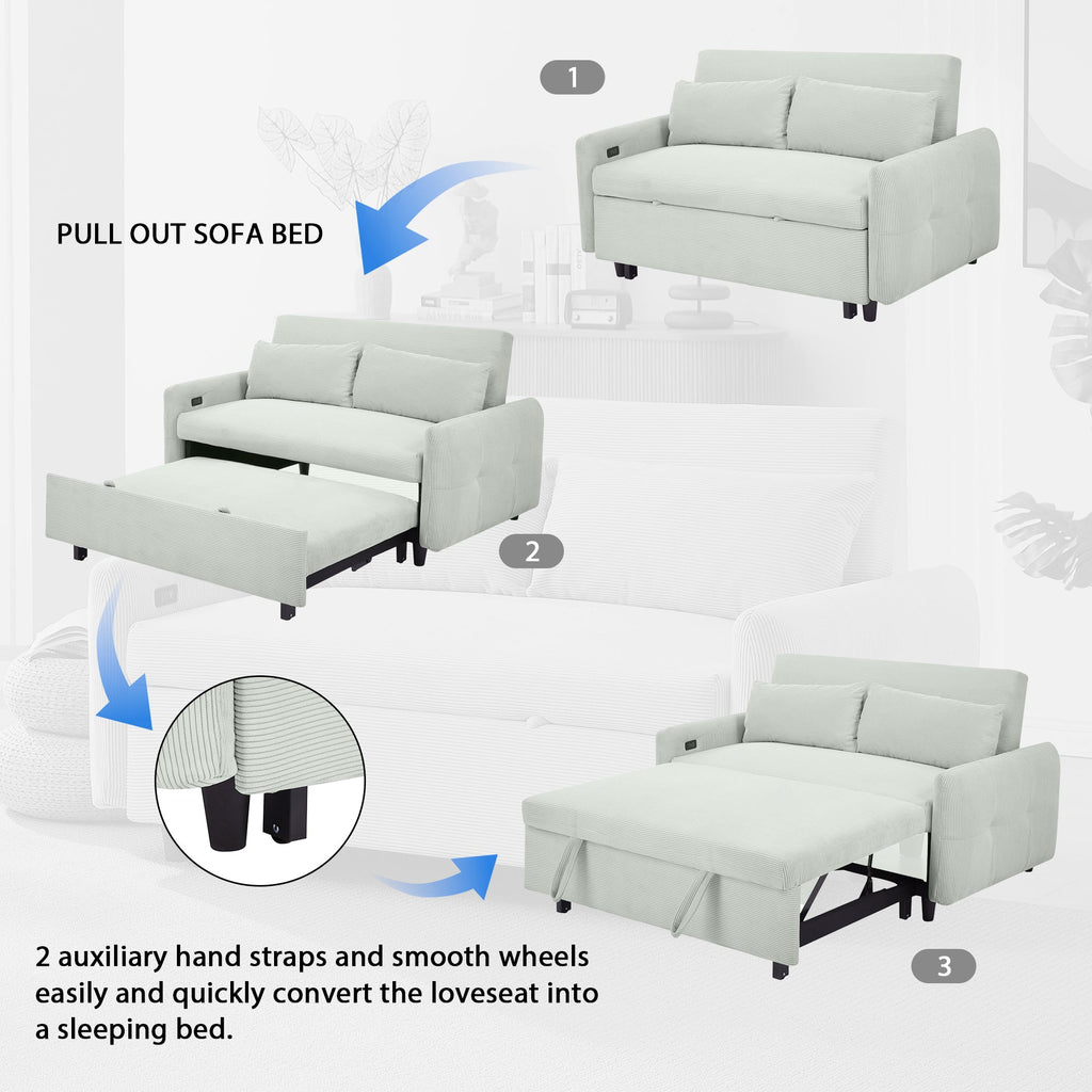 Modern Convertible Pull-out Sofa Bed Loveseat with USB Ports, Light Grey-Green Corduroy, 57.48 Inches