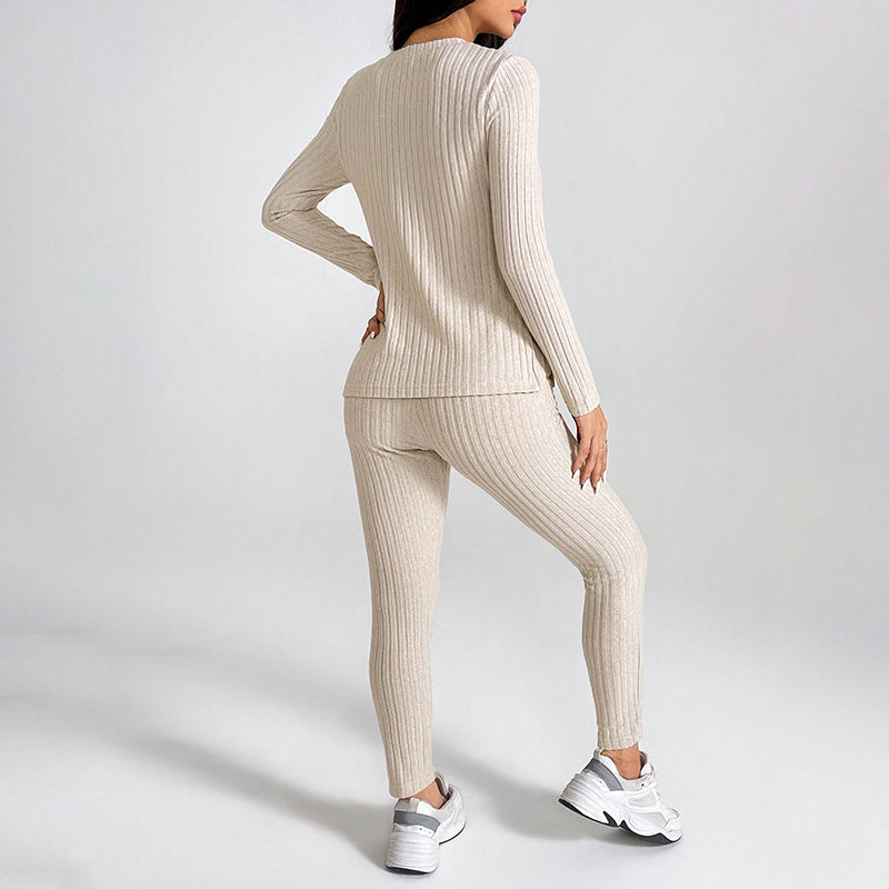 Women’s Ribbed Knit Long‑Sleeve Tee & Pants Set