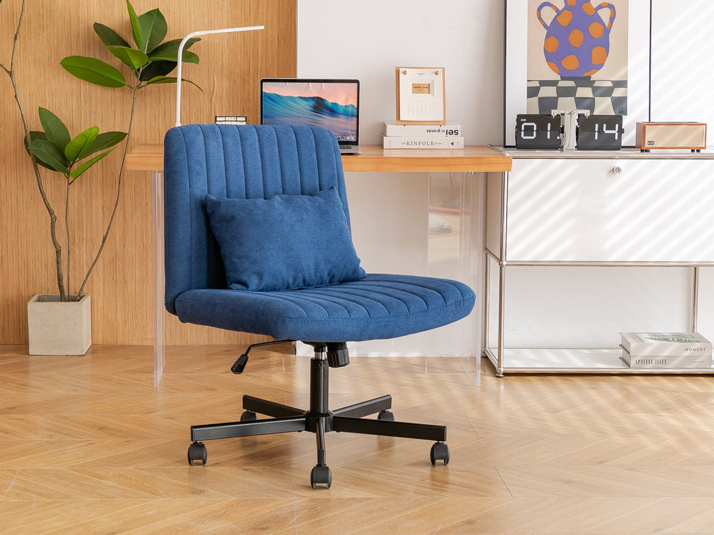 Swivel Office Chair Linen Blue Criss Cross Memory Foam 360 Degree 25.2 In