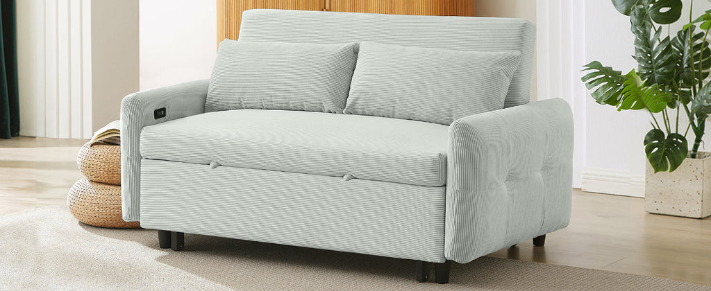 Modern Convertible Pull-out Sofa Bed Loveseat with USB Ports, Light Grey-Green Corduroy, 57.48 Inches