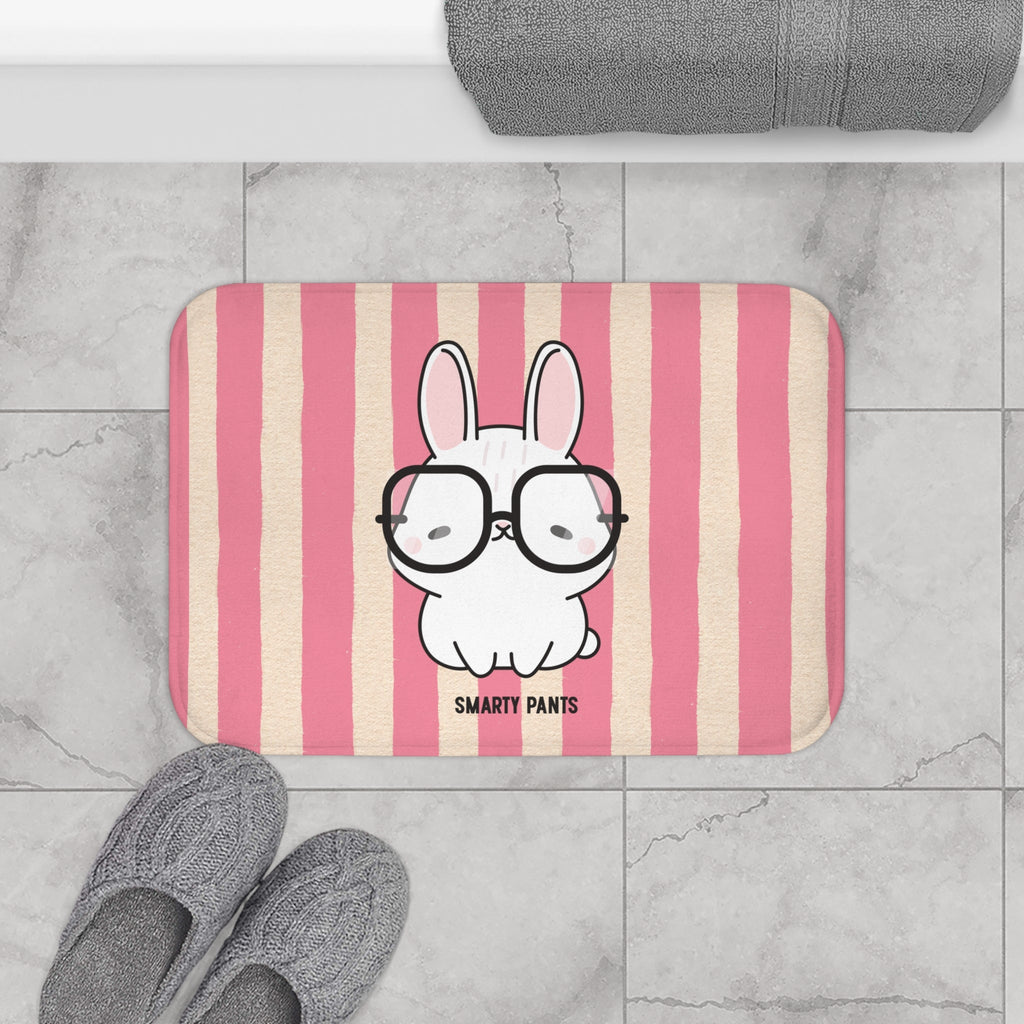 Cute Bunny "Smarty Pants" Bath Mat — PINK Striped Bathroom Rug for Kids & Nursery