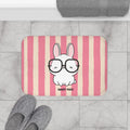 Cute Bunny "Smarty Pants" Bath Mat — PINK Striped Bathroom Rug for Kids & Nursery