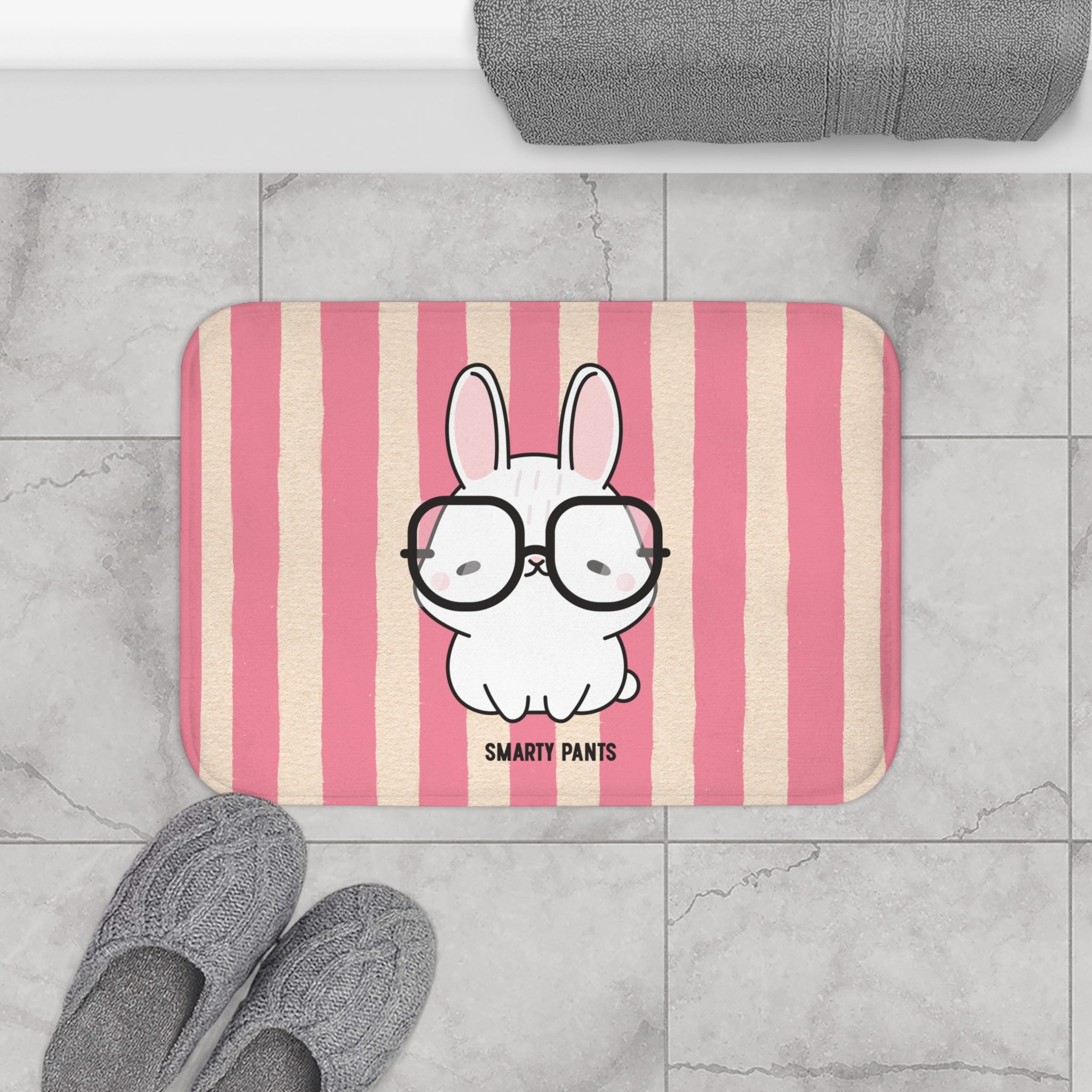 Cute Bunny "Smarty Pants" Bath Mat — PINK Striped Bathroom Rug for Kids & Nursery