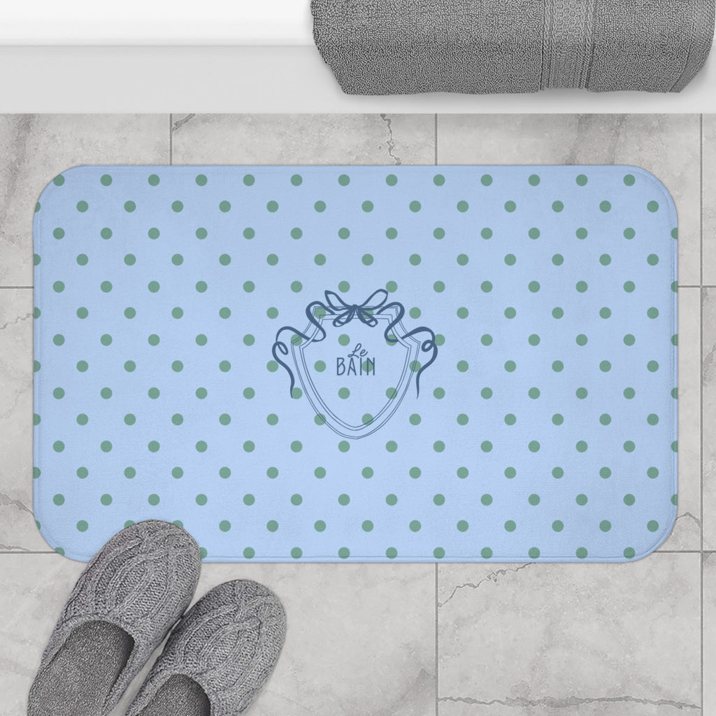 Polka Dot "Le Bain" Bath Mat — Pastel Blue & Sage Green Bathroom Rug