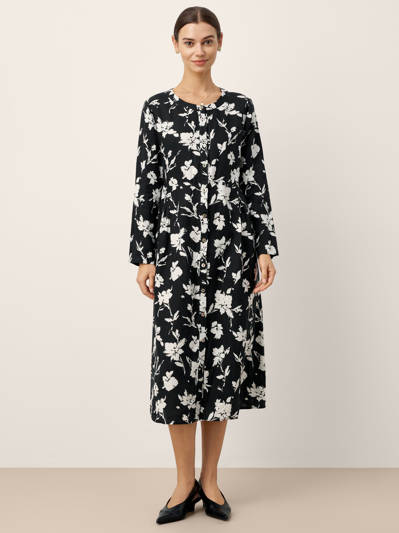 100% Linen Floral Printed Gathered Maxi Dress ELODIE