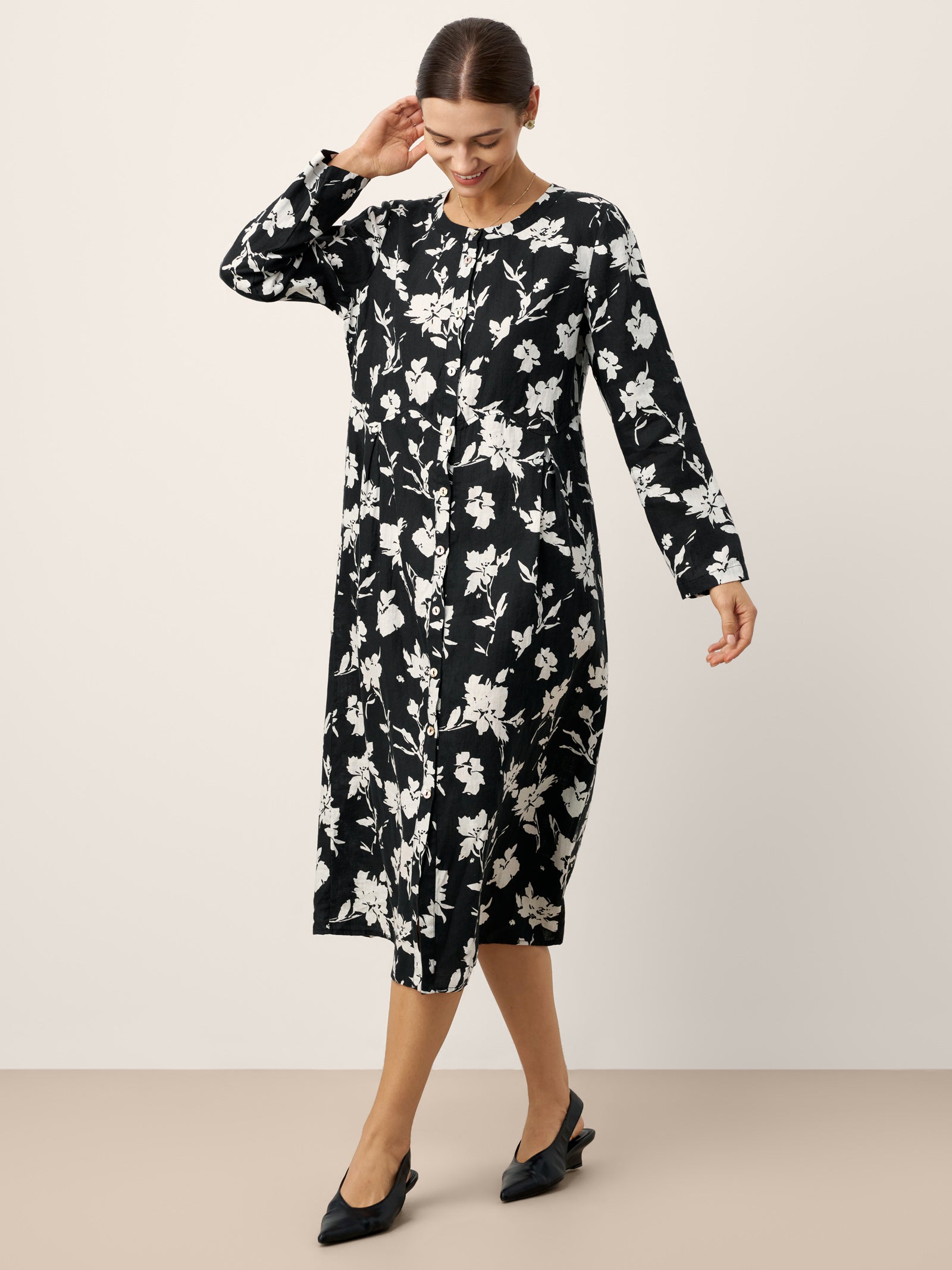 100% Linen Floral Printed Gathered Maxi Dress ELODIE