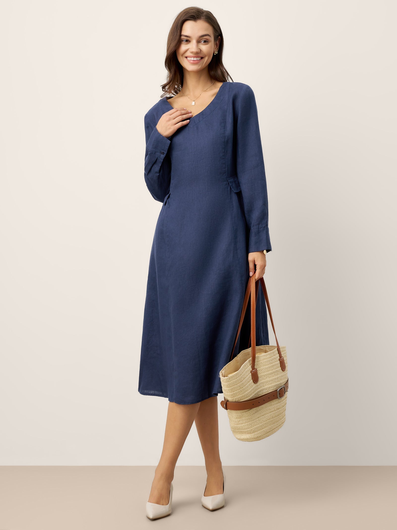 100% Linen Gathered Waist Flap Detail Midi Dress DIANA