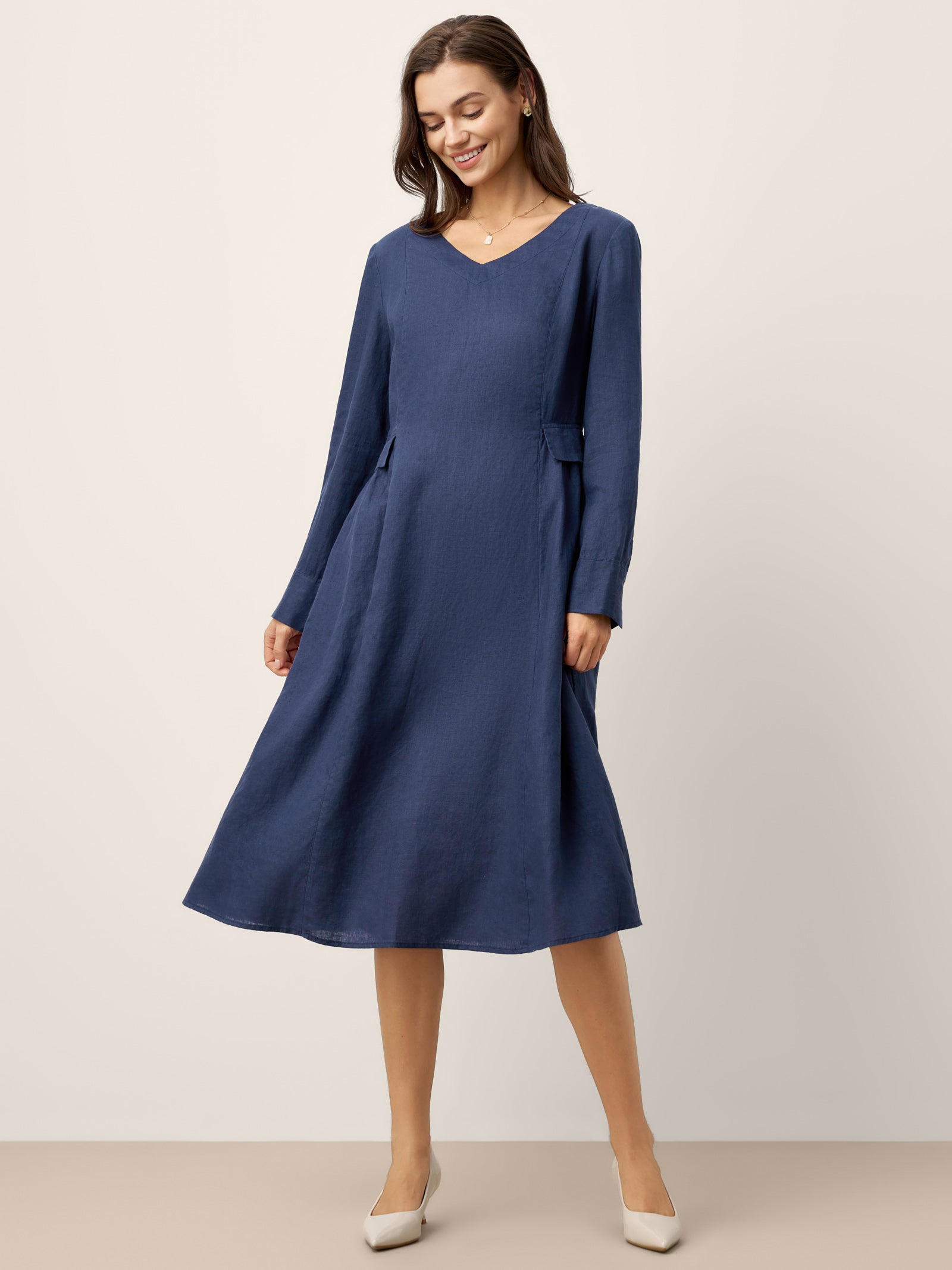 100% Linen Gathered Waist Flap Detail Midi Dress DIANA