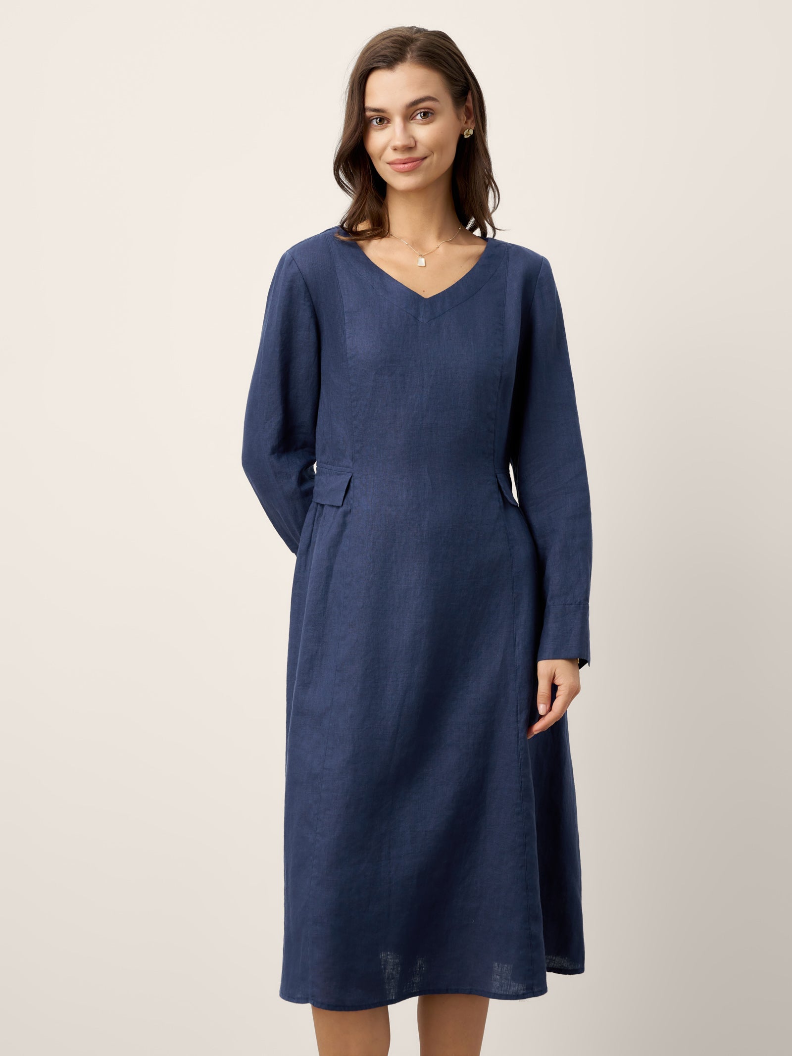 100% Linen Gathered Waist Flap Detail Midi Dress DIANA