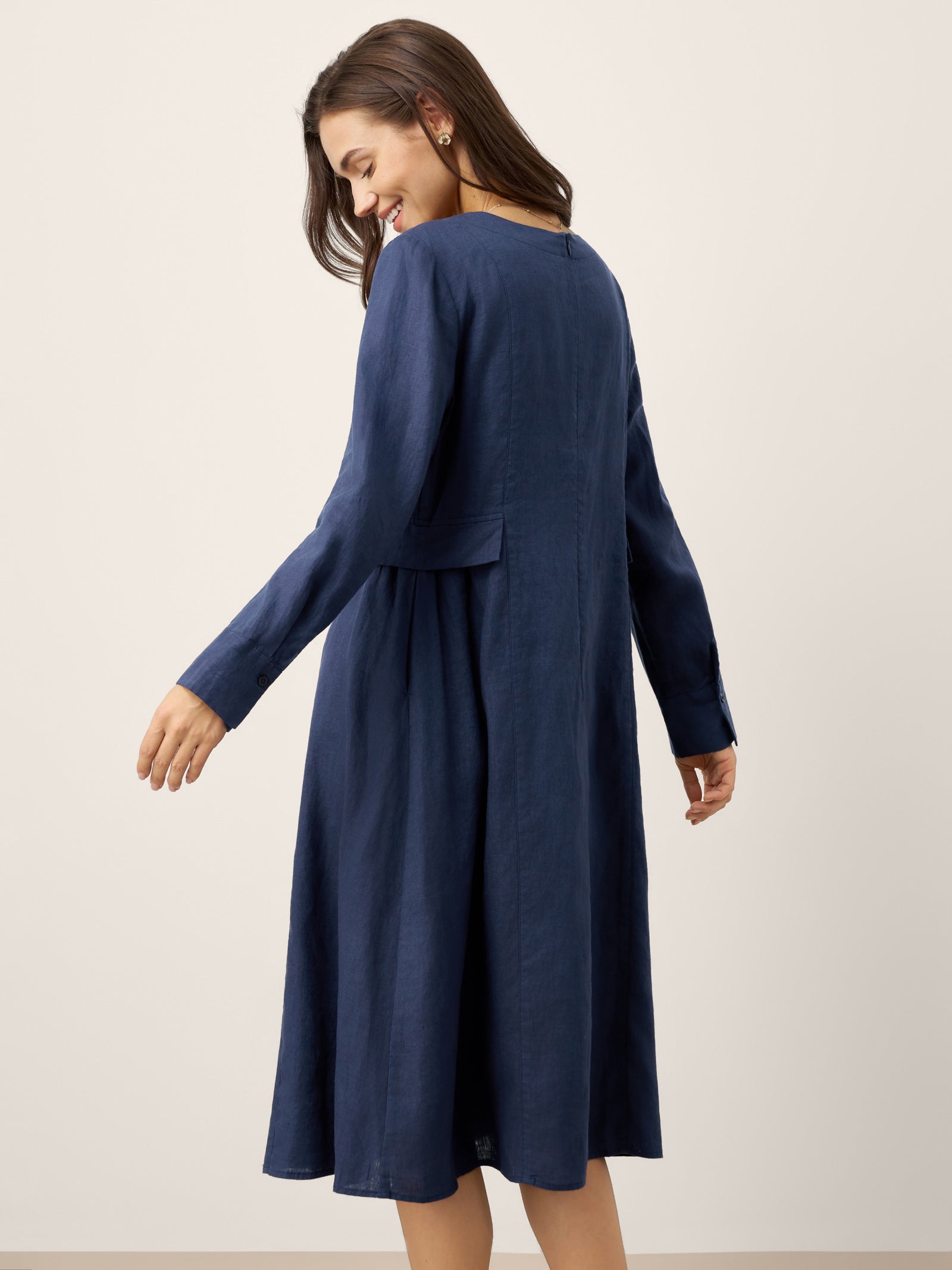 100% Linen Gathered Waist Flap Detail Midi Dress DIANA