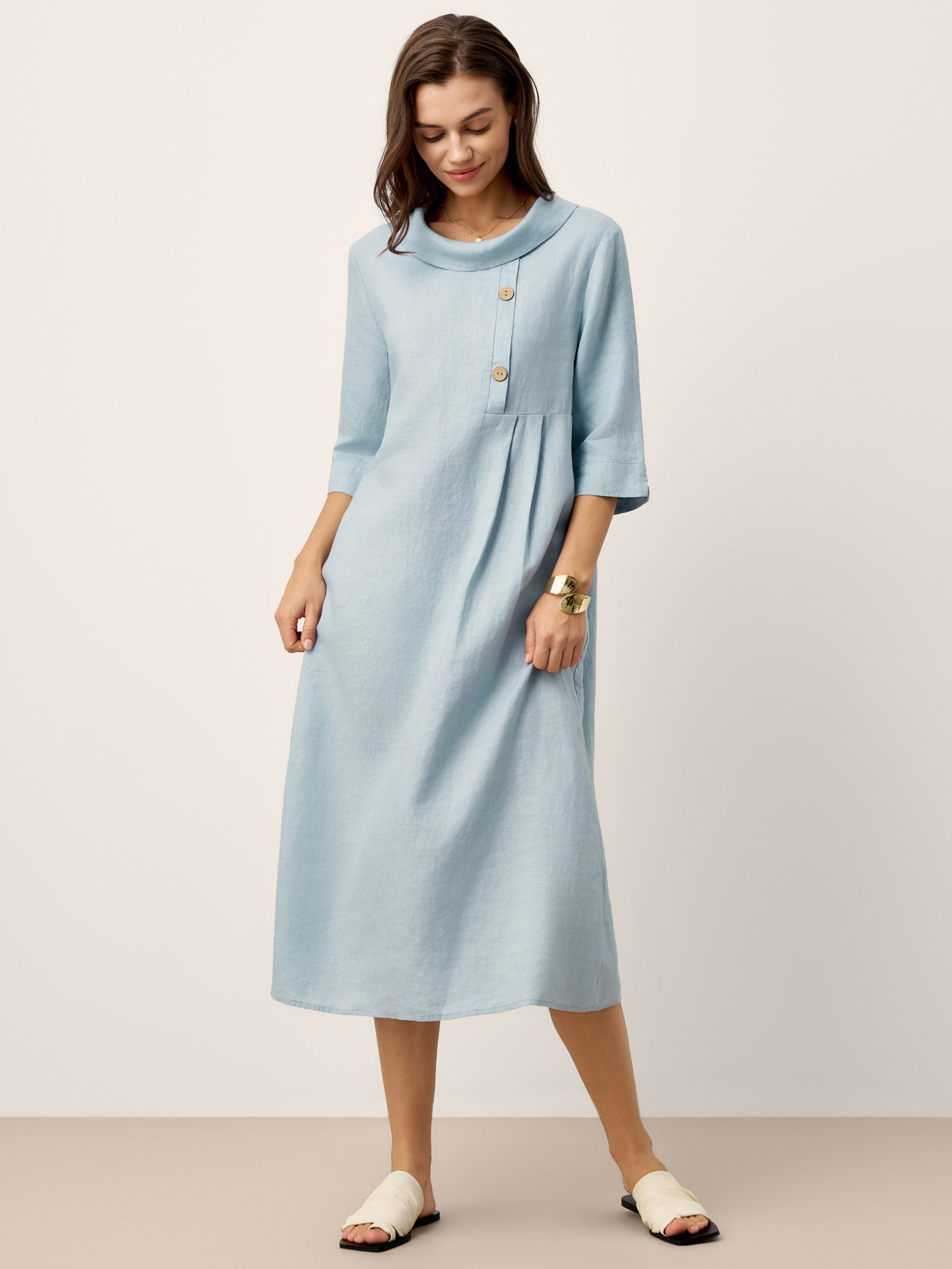 100% Linen Rolled Collar Asymmetric Button Maxi Dress ELARAINE