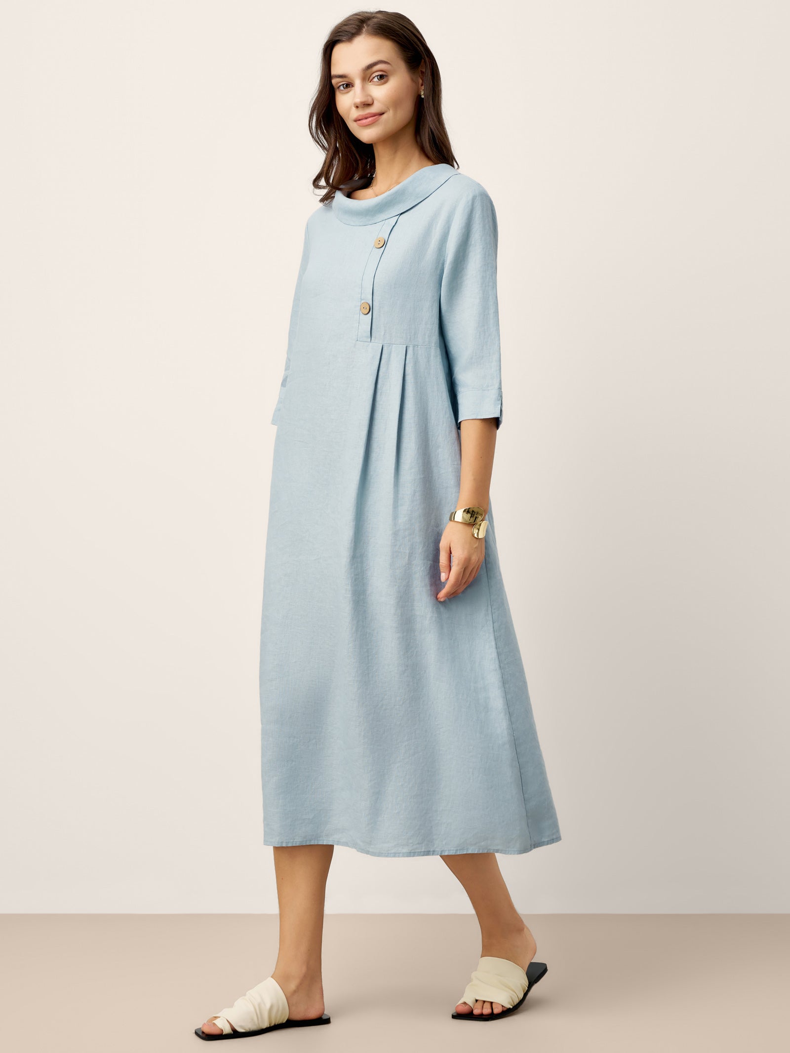 100% Linen Rolled Collar Asymmetric Button Maxi Dress ELARAINE