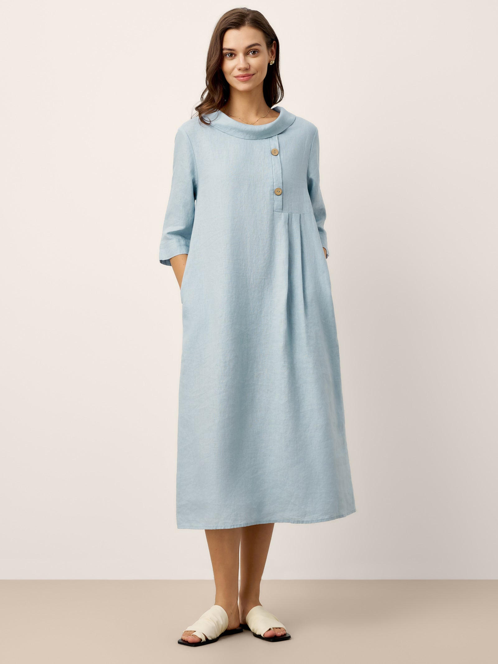 100% Linen Rolled Collar Asymmetric Button Maxi Dress ELARAINE