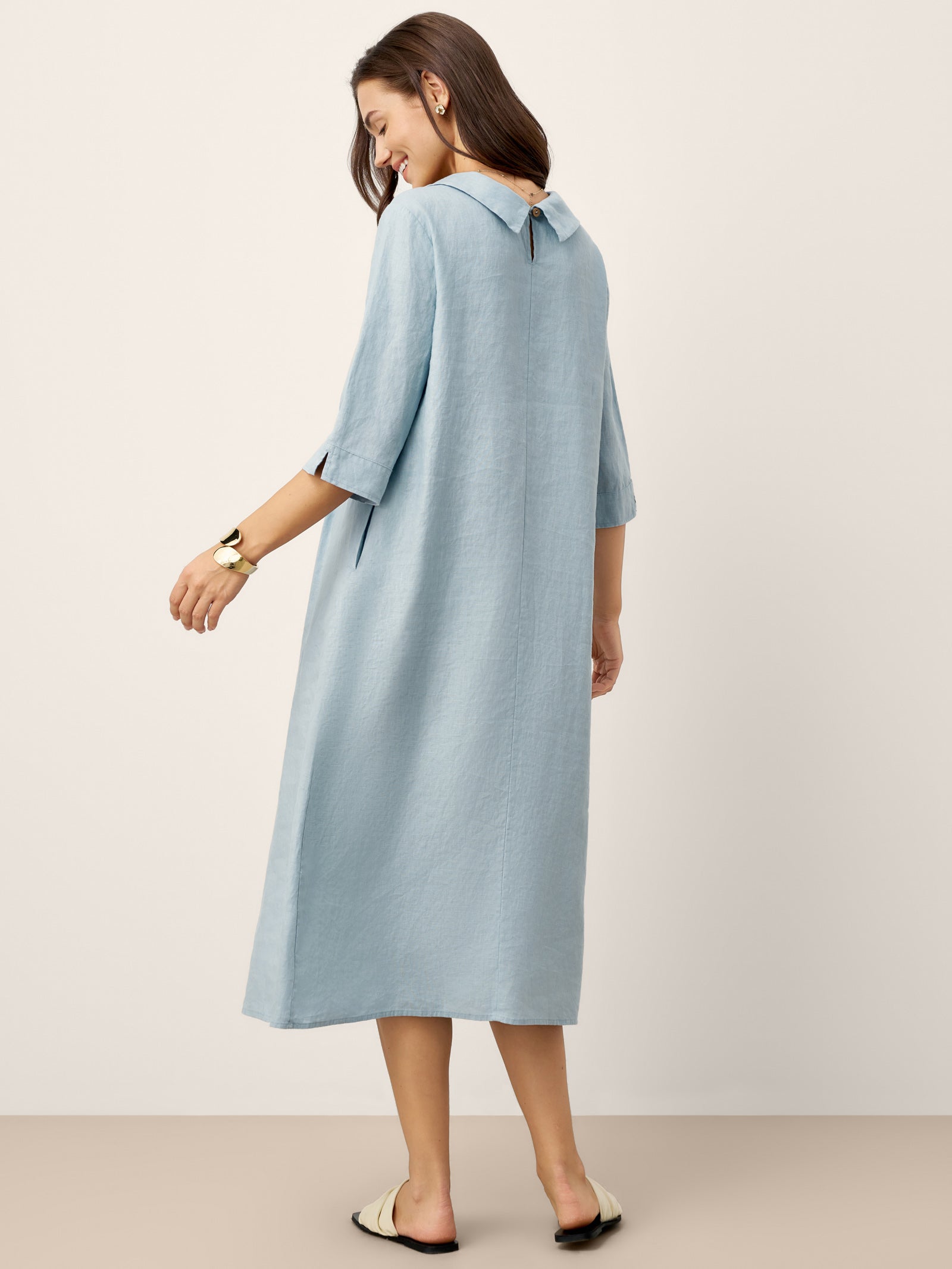 100% Linen Rolled Collar Asymmetric Button Maxi Dress ELARAINE