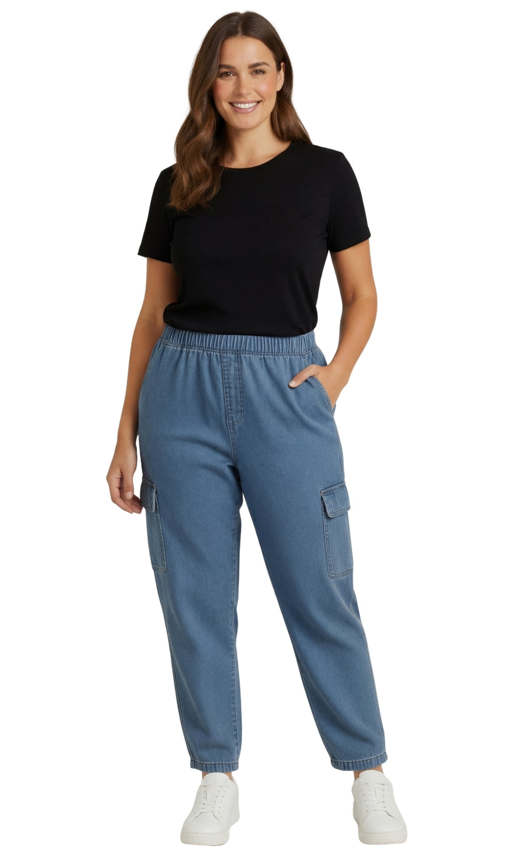 Women's Lightweight Elastic Stretch Waist Casual Denim Pull-on Cargo Pants