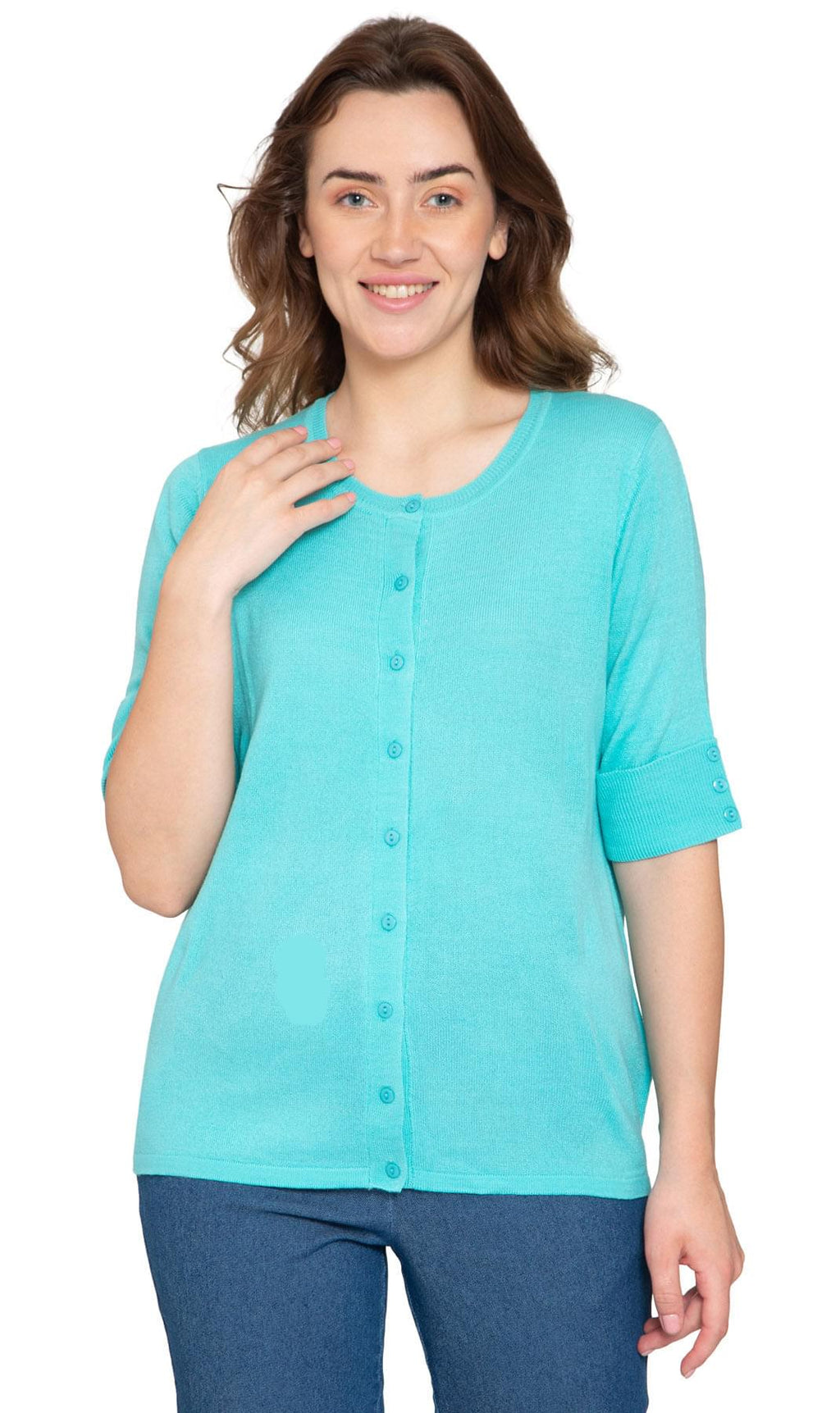 Women's Button Front Cardigan with a Unique Elbow Cuff Style