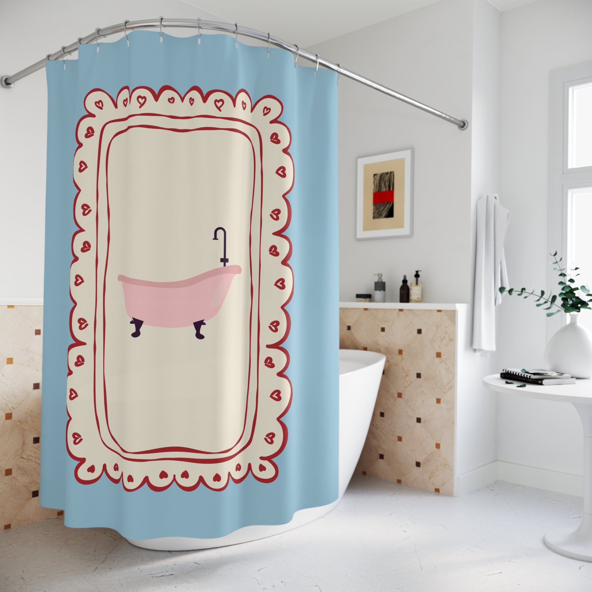 Vintage Girly Shower Curtain, PALE BLUE |  Feminine Bathroom Decor