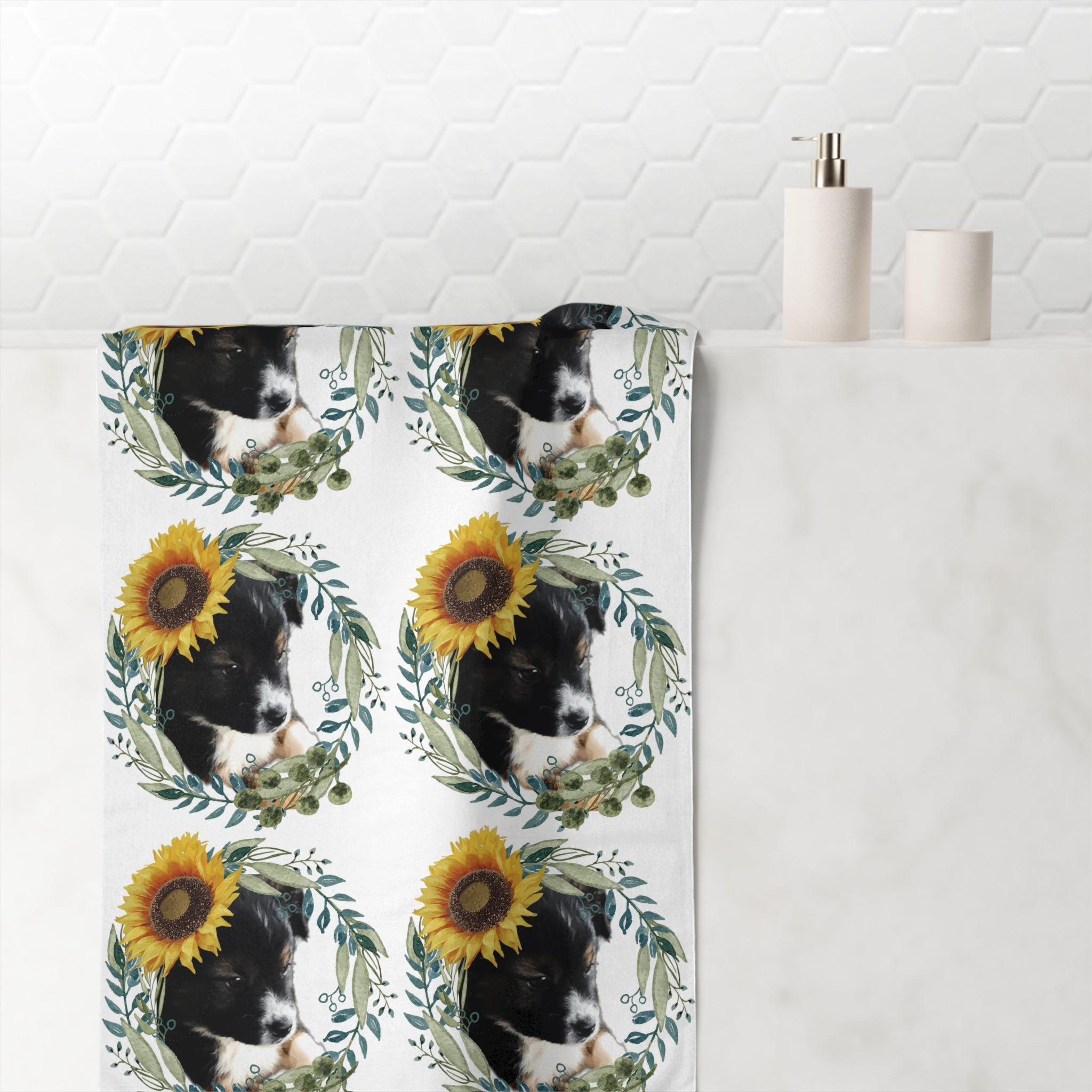 Cute Black Puppy with Sunflower Mink-Cotton Bath Towel