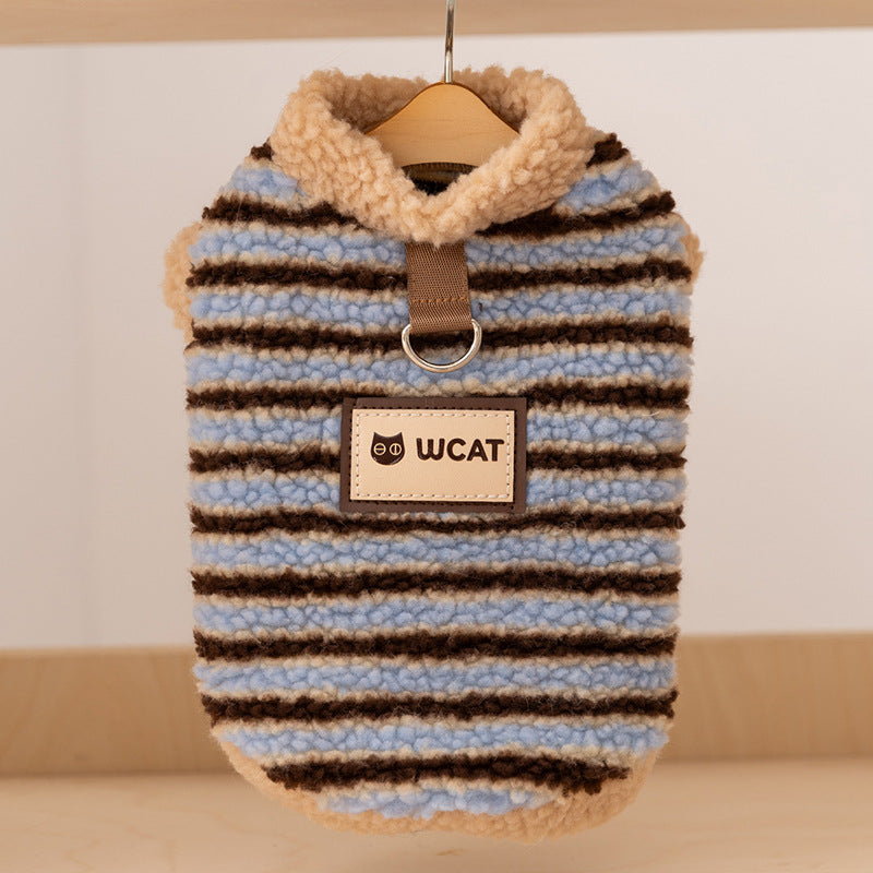 Autumn And Winter Dog Clothing, Warm Striped Lambskin Fleece Drawstring Two-legged Fleece, Small And Medium-sized Dog And Cat Pet Clothing