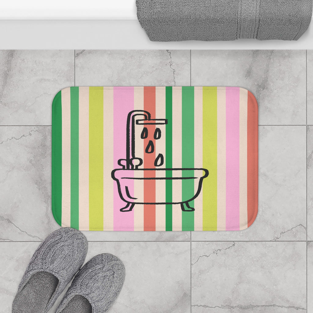 Striped Pastel Bath Mat with Bathtub Icon — Cute Bathroom Rug
