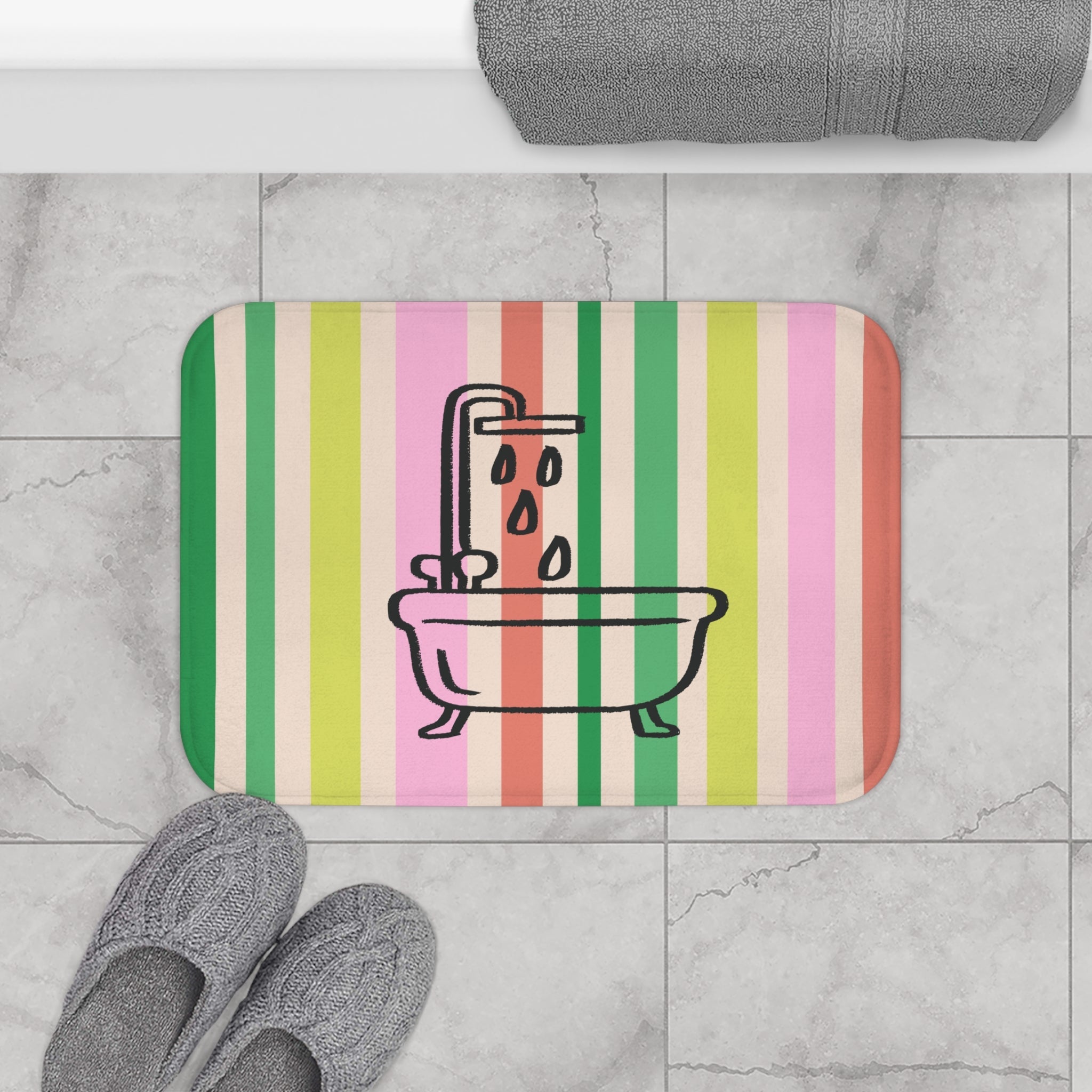Striped Pastel Bath Mat with Bathtub Icon — Cute Bathroom Rug