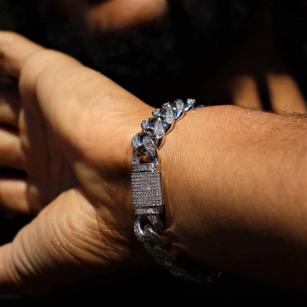 12mm White Gold Diamond Cuban Link Bracelet