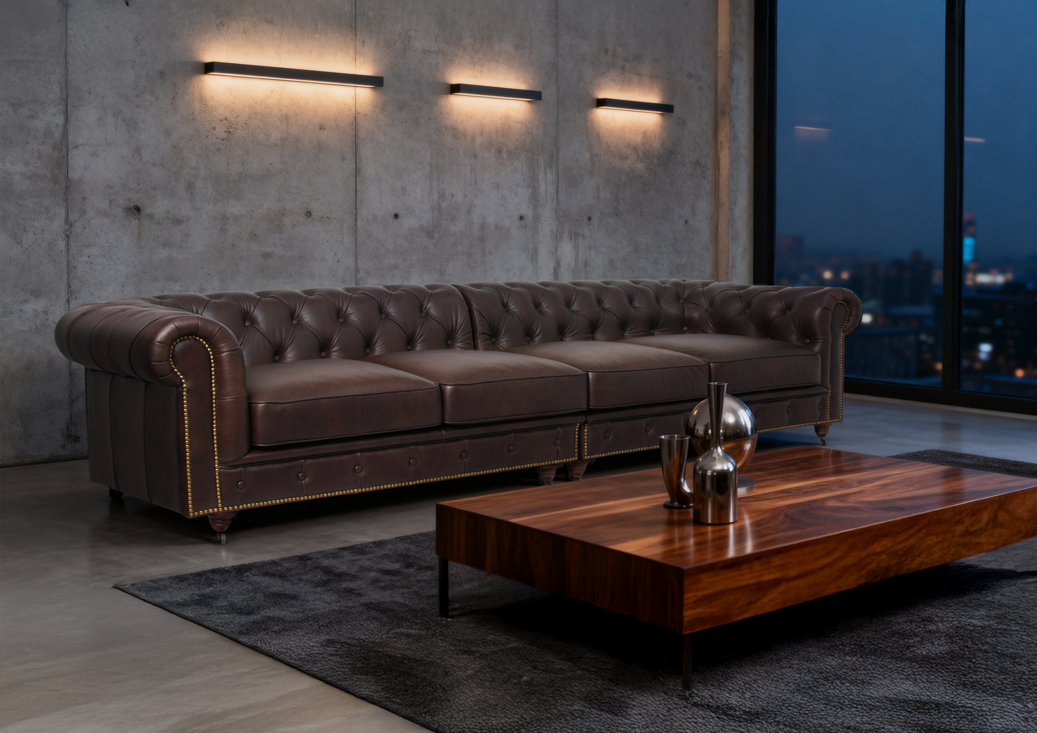 Belgravia Chesterfield Top Grain Leather Sofa with Tufted Back & Rolled Arms