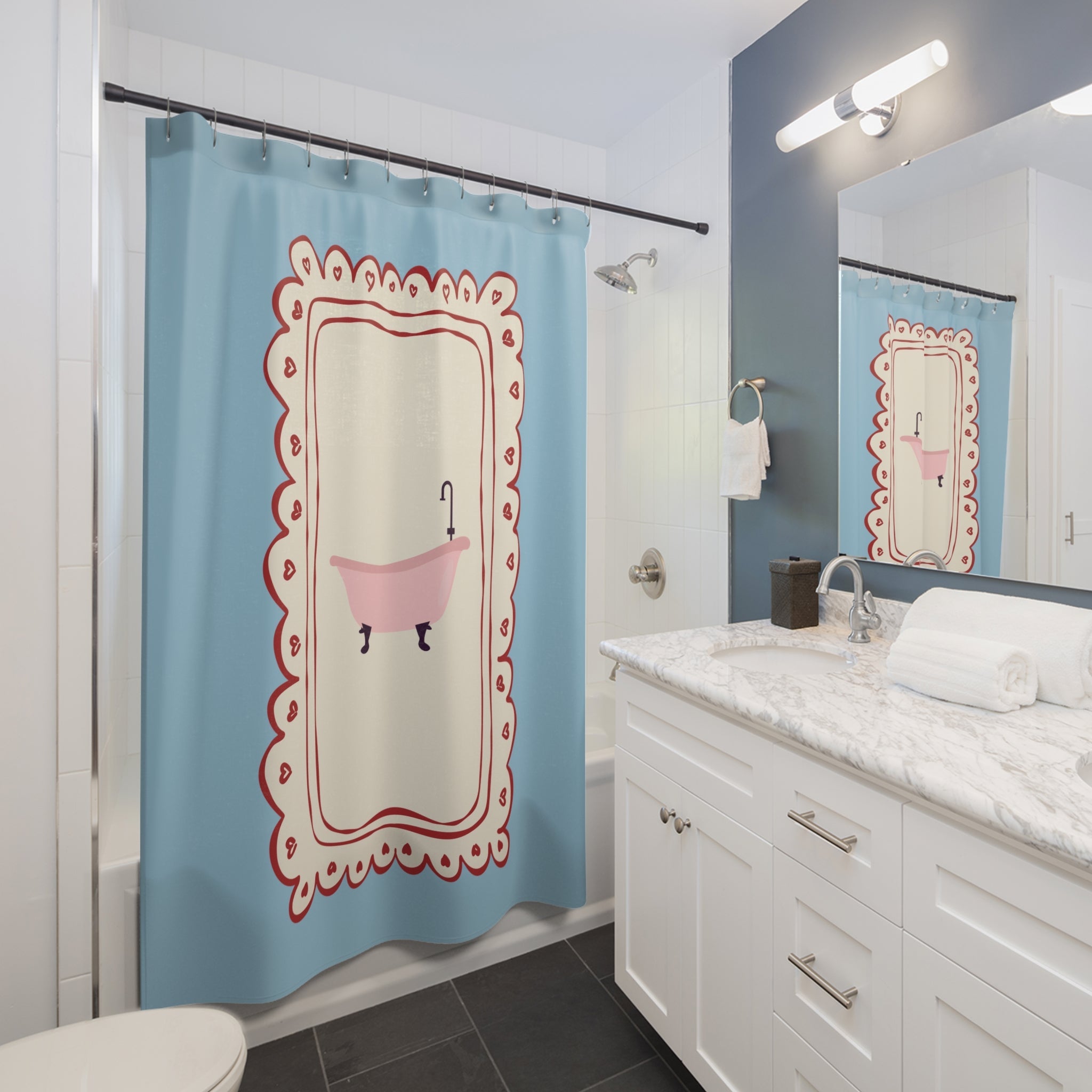 Vintage Girly Shower Curtain, PALE BLUE |  Feminine Bathroom Decor