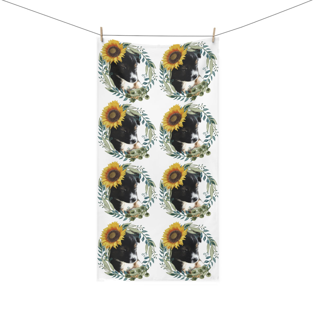 Cute Black Puppy with Sunflower Mink-Cotton Bath Towel