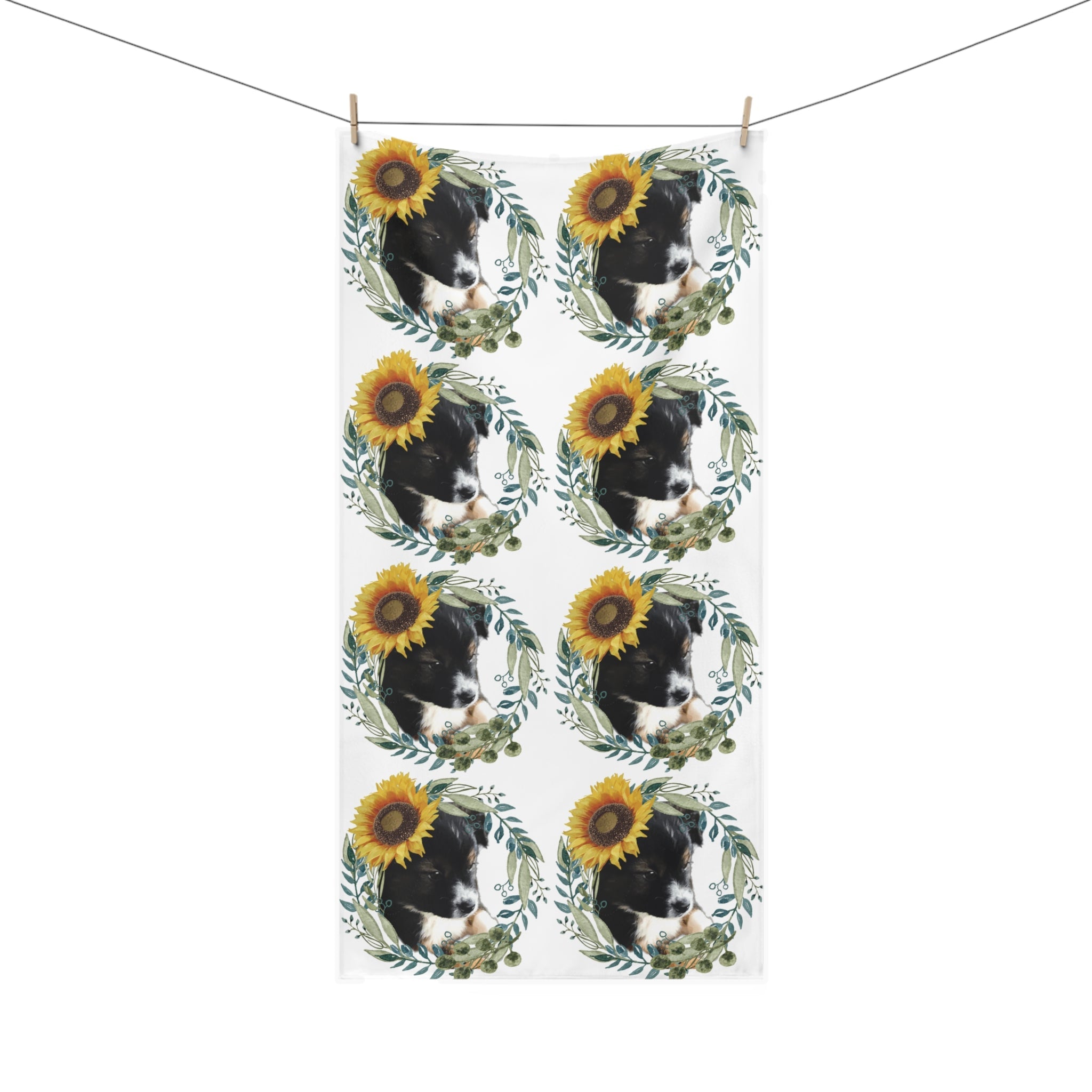 Cute Black Puppy with Sunflower Mink-Cotton Bath Towel