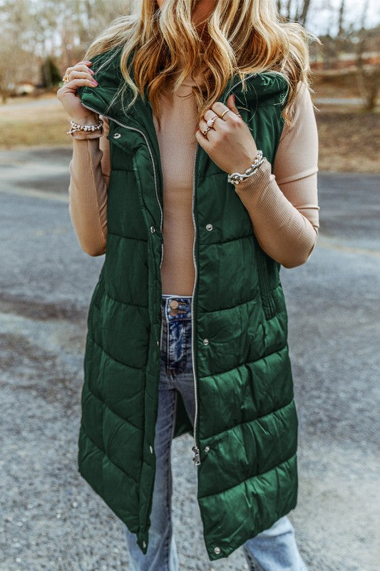 Solid Quilted Long Hooded Vest Coat