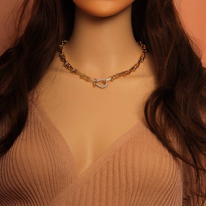 Gold U Chain Cuban Chain CZ Clasp Necklace,sku#EF321