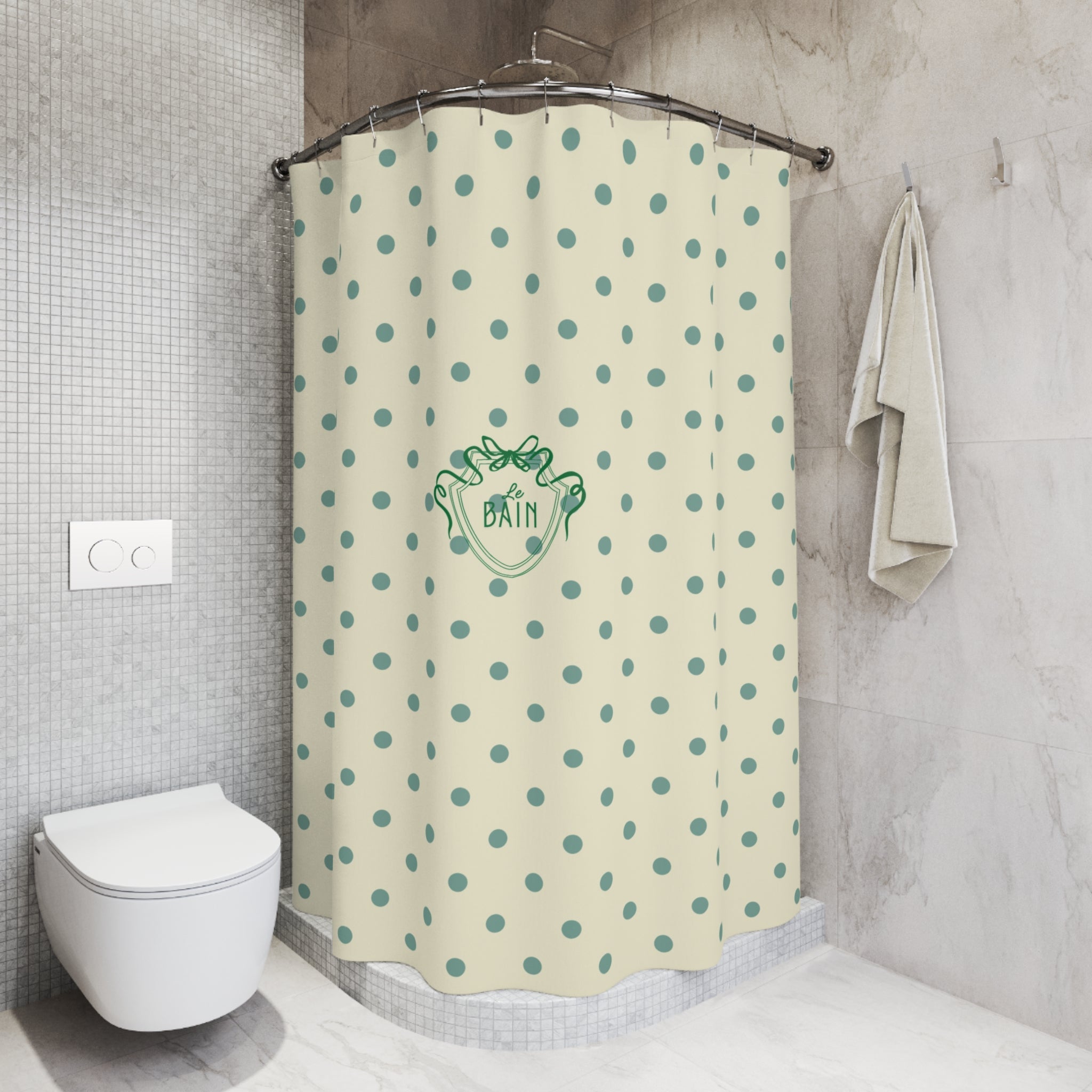 Polka Dot 'Le Bain' Shower Curtain – Cream & Sage Green Bathroom Decor
