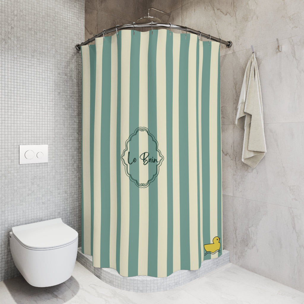 Striped Green/Cream Shower Curtain with Duck "Le Bain"  — French Kids Bathroom Decor