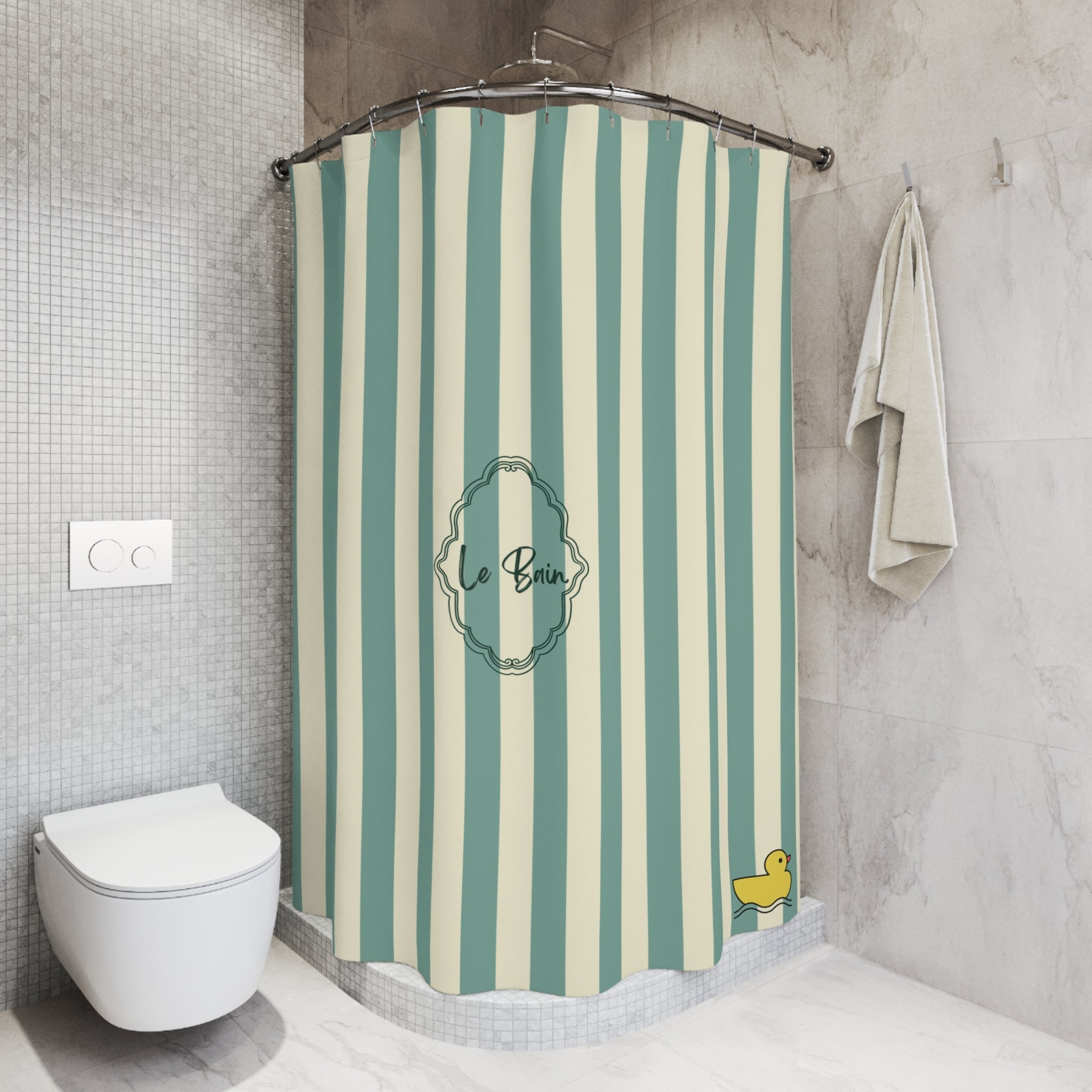 Striped Green/Cream Shower Curtain with Duck "Le Bain"  — French Kids Bathroom Decor