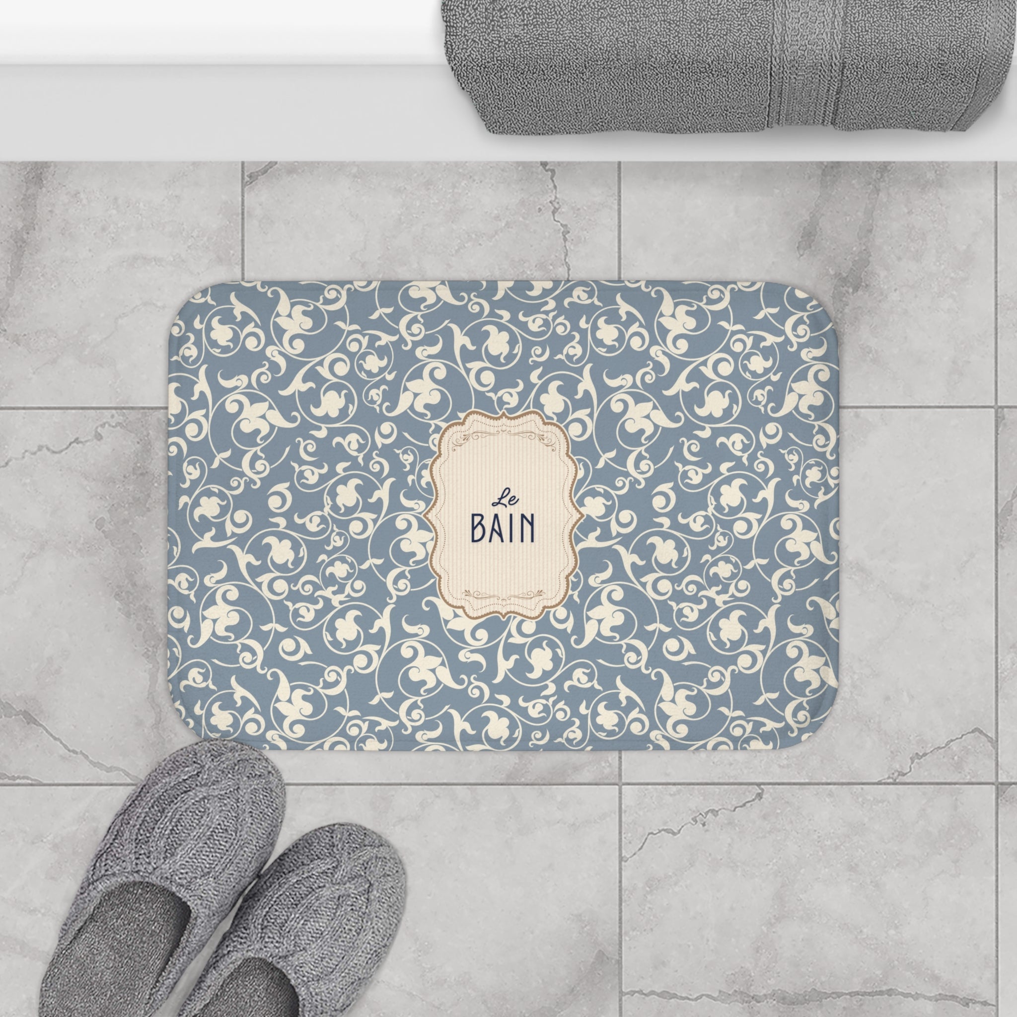 Le Bain Vintage Floral Bath Mat, Grey-Blue Pattern