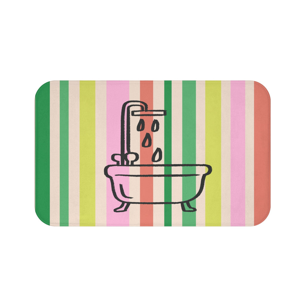 Striped Pastel Bath Mat with Bathtub Icon — Cute Bathroom Rug